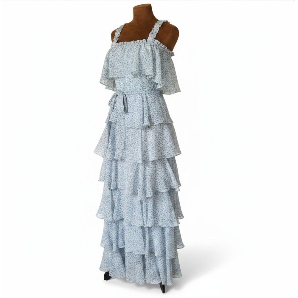 Storia Light Blue Floral Tiered Maxi Dress